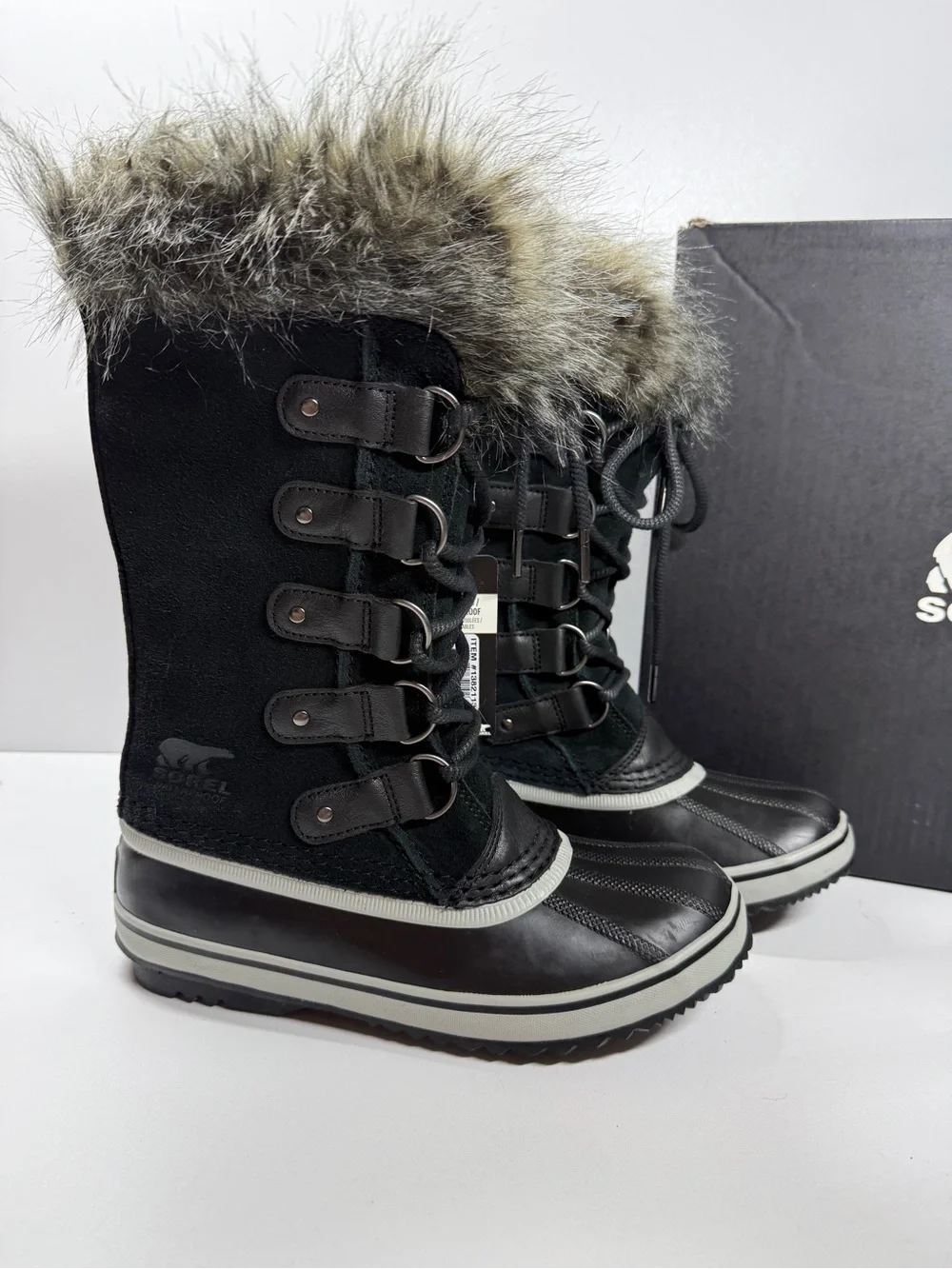 Sorel Joan of Arctic Black Suede Leather Faux Fur Collar Tall Winter Boots Size7